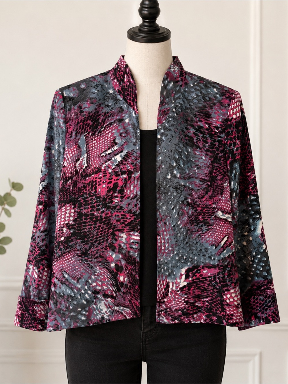 Animal Print Open Front Jacket Pink Gray Black Career Petite 8P fuschia